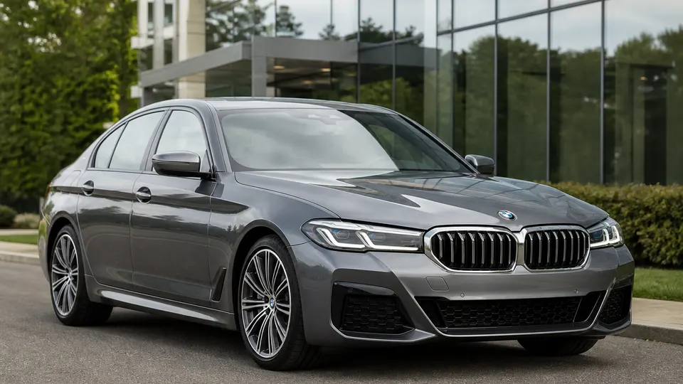 A dark blue BMW 5 Series sedan, three-quarter front view, parked outside a modern building.
