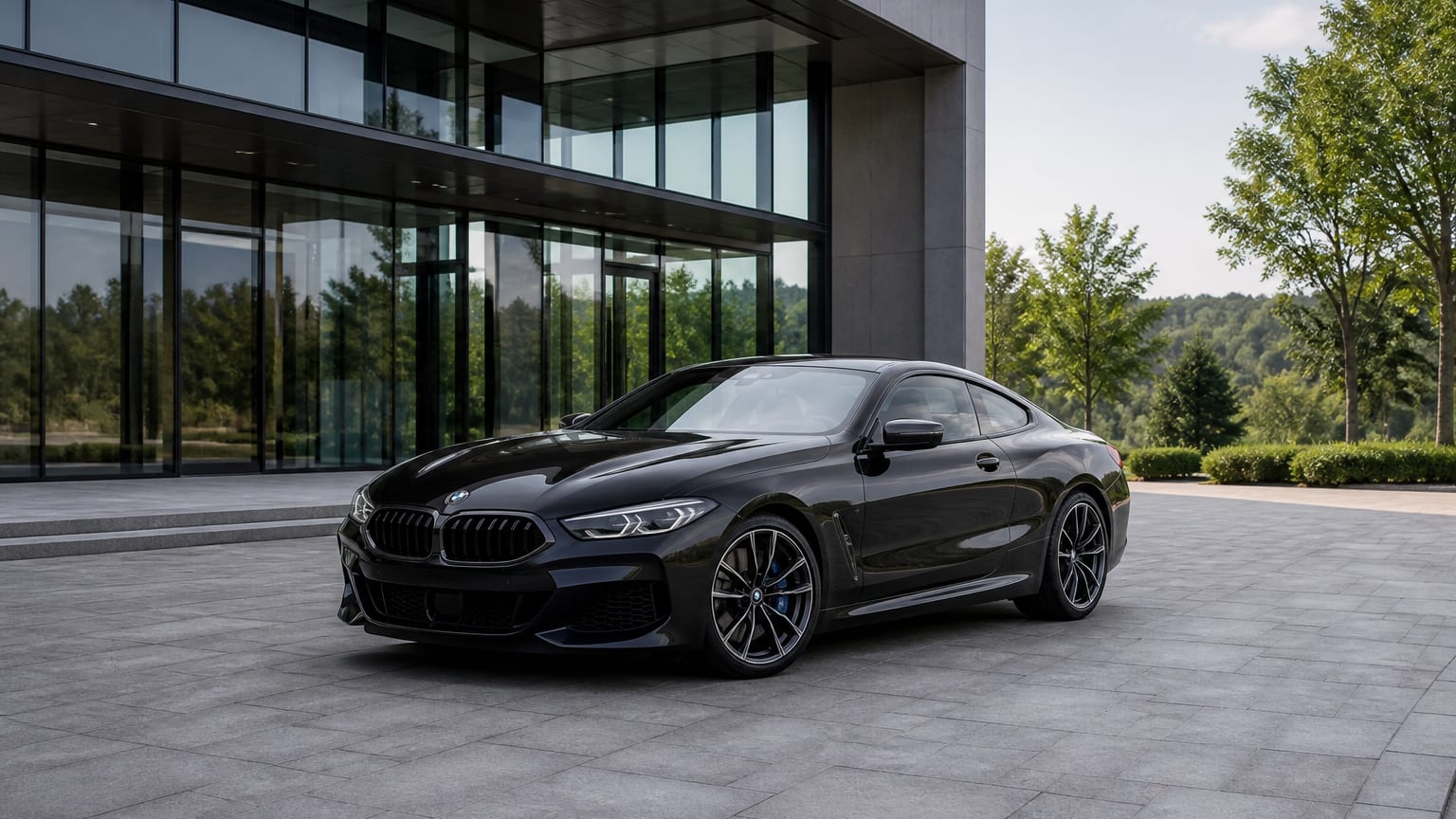 A black BMW 8 Series coupe parked outside a modern glass building.