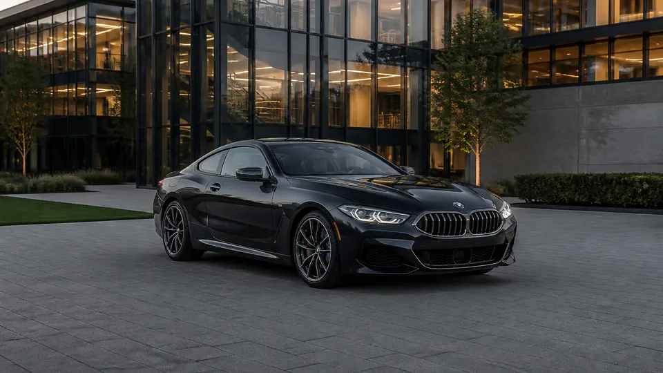 A Black Sapphire BMW 8 Series coupe, three-quarter front view, parked outside a modern glass building at dusk.