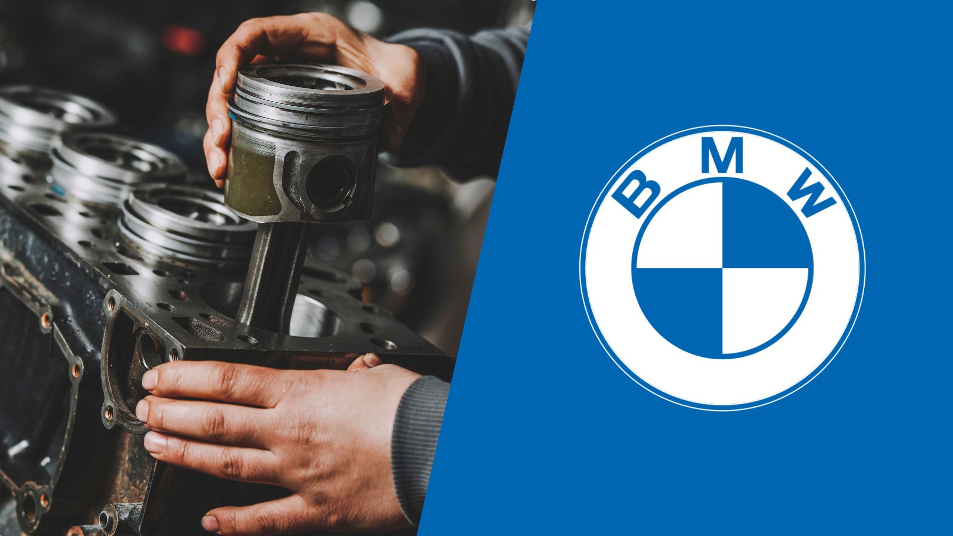 A man is working on a bmw engine.|A white car with blue numbers on the hood.