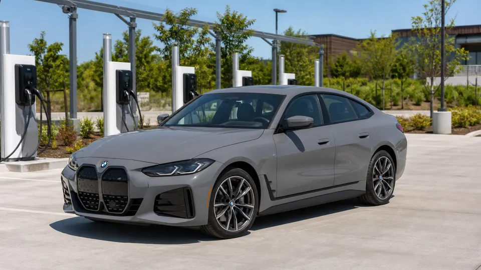 A Brooklyn Grey BMW i4 electric gran coupe, three-quarter front view, parked at a charging plaza.