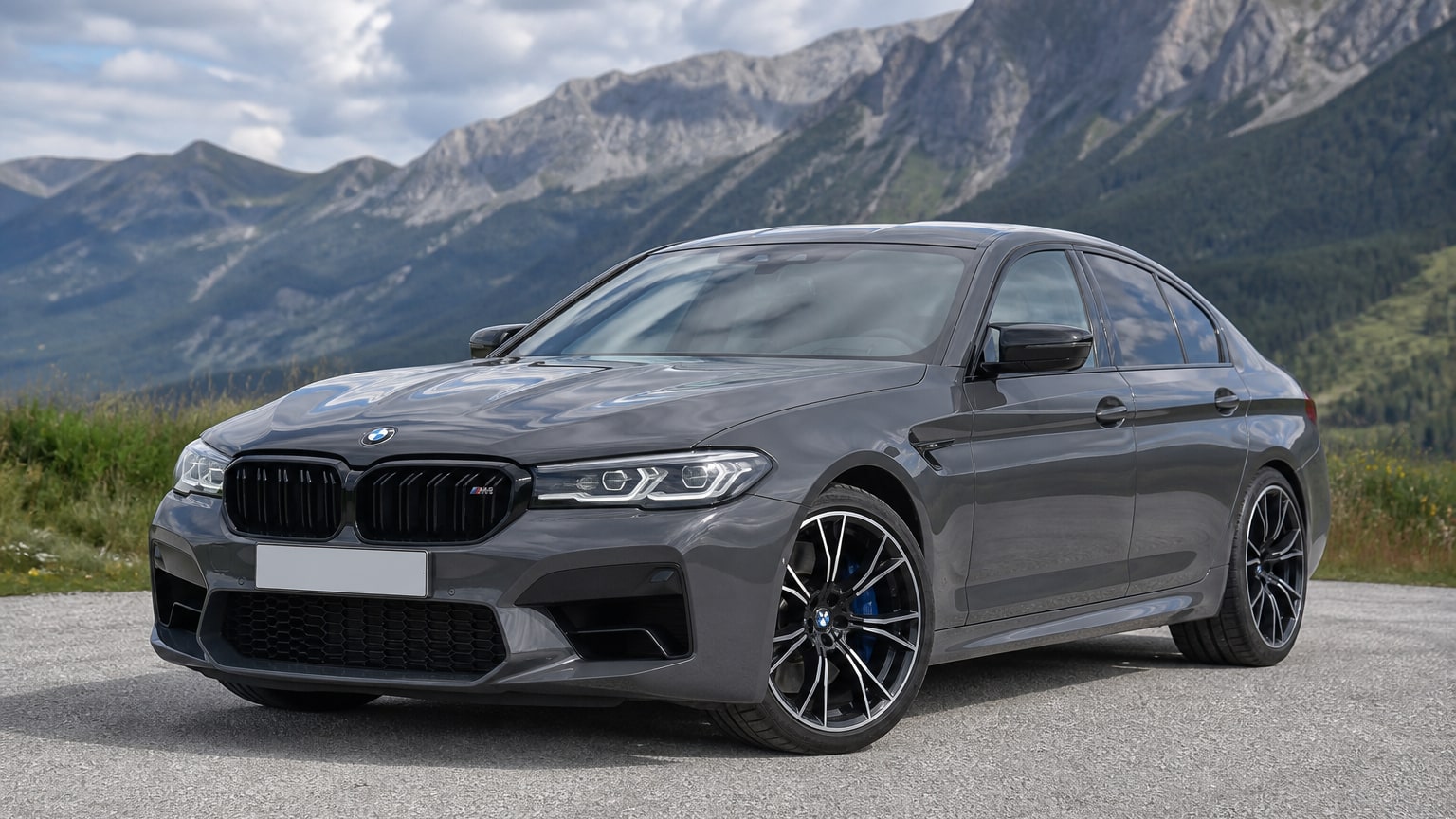 A cleaner later-model BMW M5 on a quiet road.