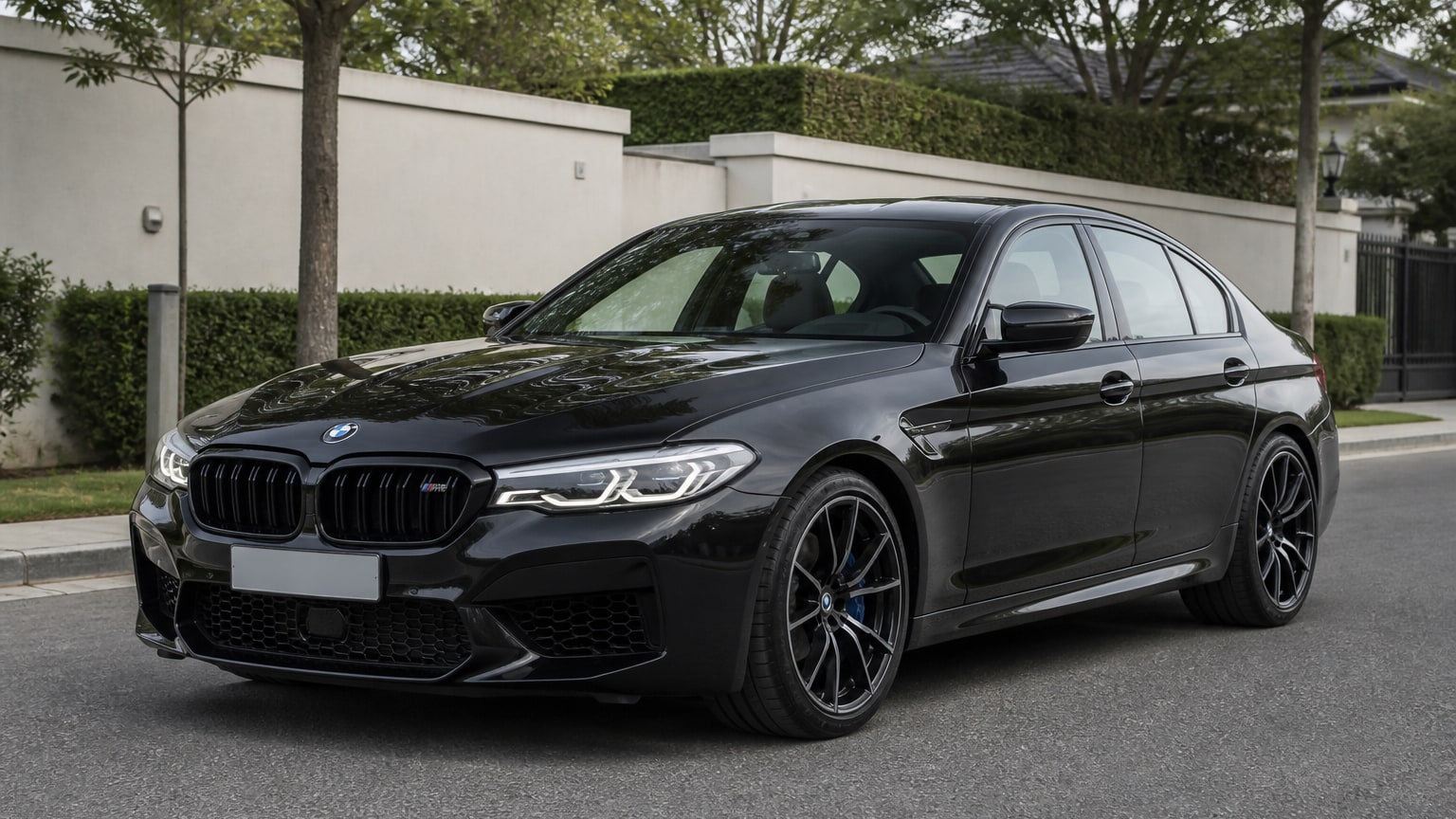 A BMW M5 parked outdoors, three-quarter front view.