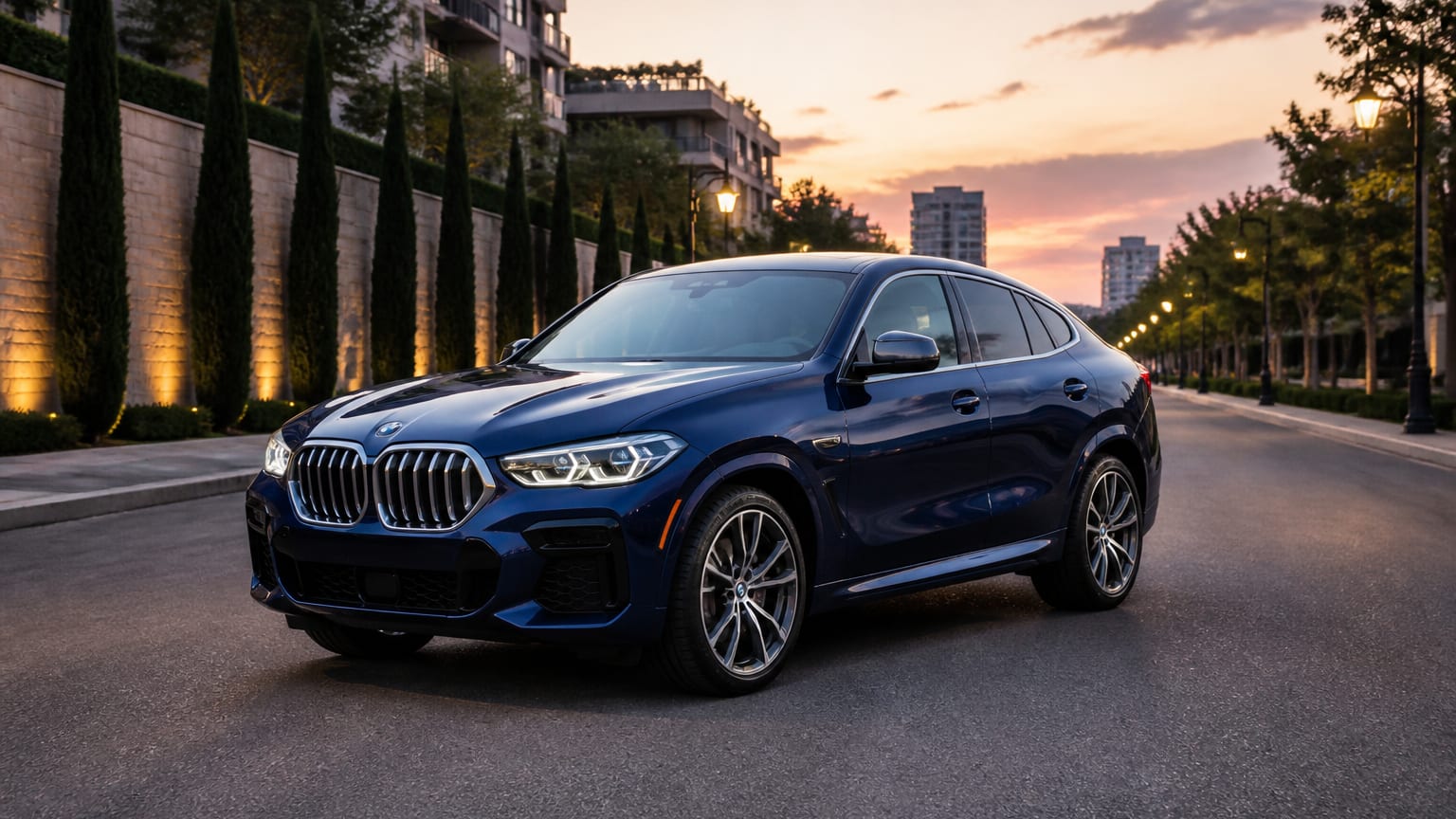 A BMW X6 parked outdoors, three-quarter front view.