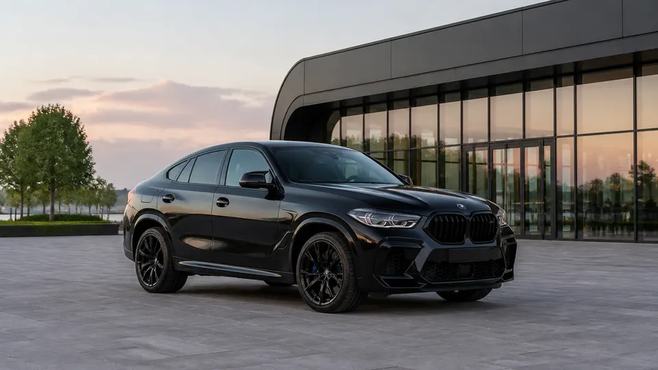 A Carbon Black BMW X6 coupe-SUV, three-quarter front view, parked outside a modern building.