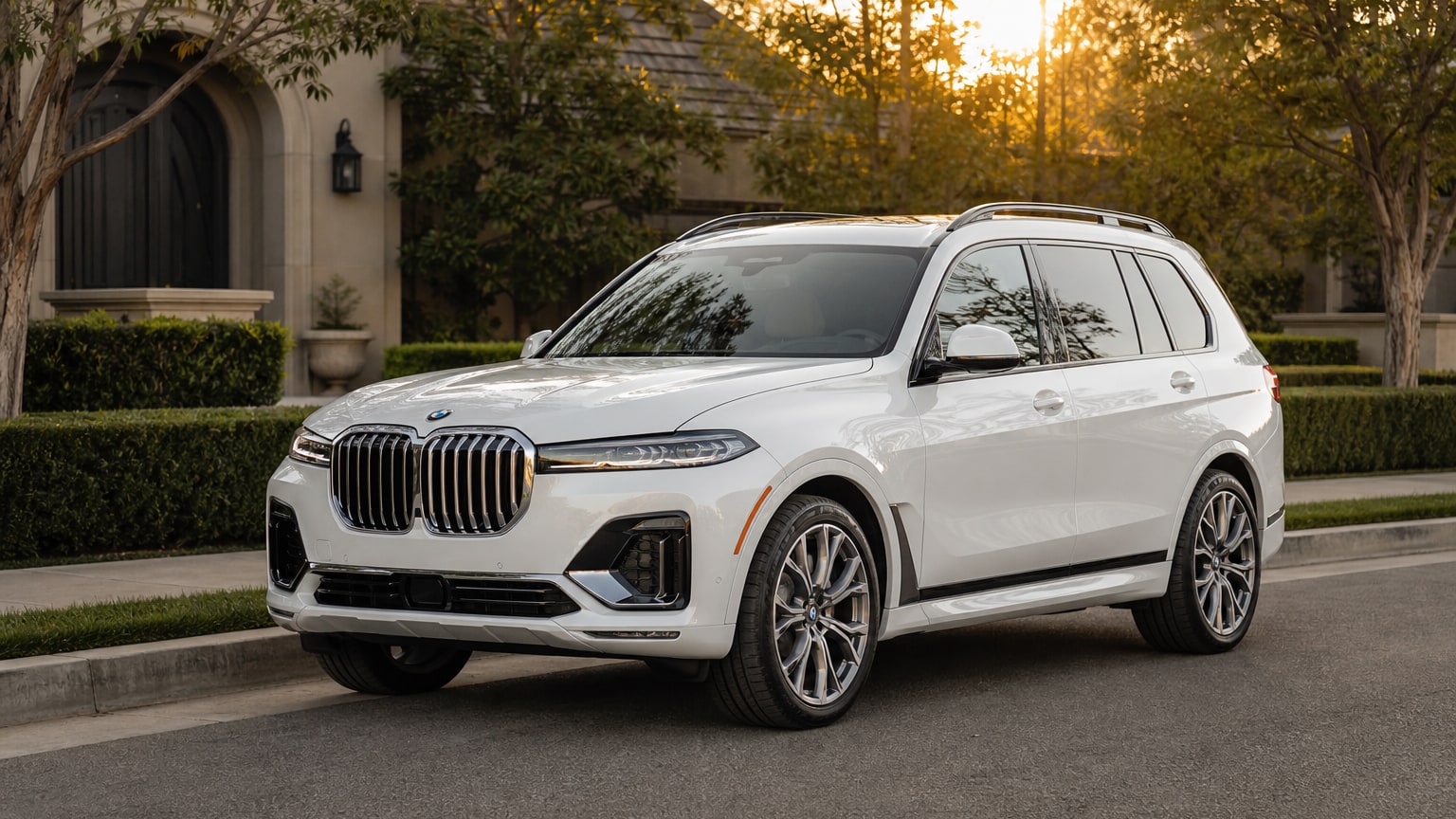 A silver 2022 BMW X7 parked outside a modern home.
