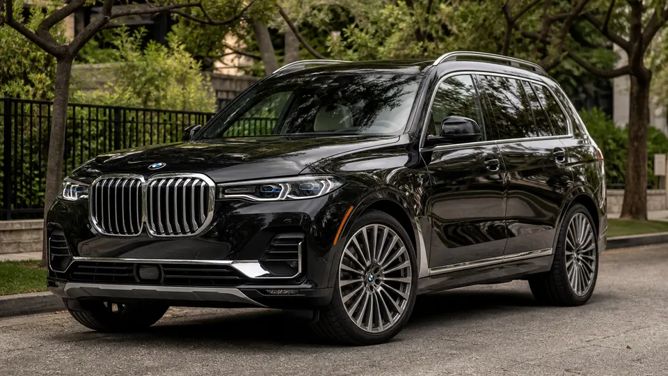 A black BMW X7 full-size luxury SUV, three-quarter front view, on a tree-lined street.