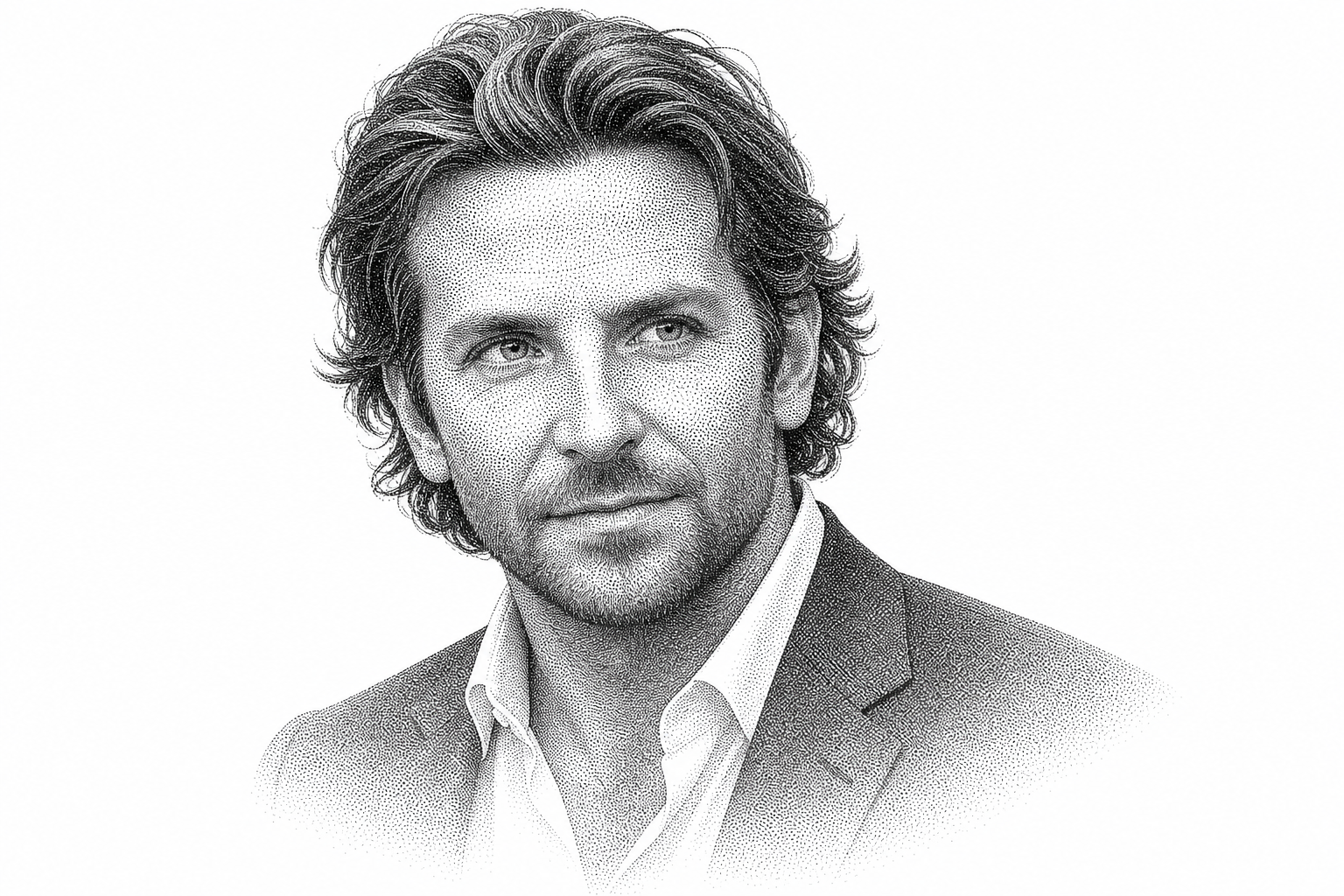 Black and white stipple portrait of Bradley Cooper.