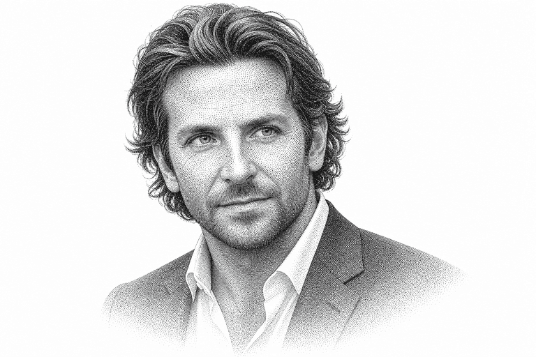 Black and white stipple portrait of Bradley Cooper.