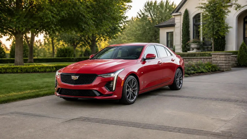 A Cadillac CT4 sedan, three-quarter front view, parked outdoors.