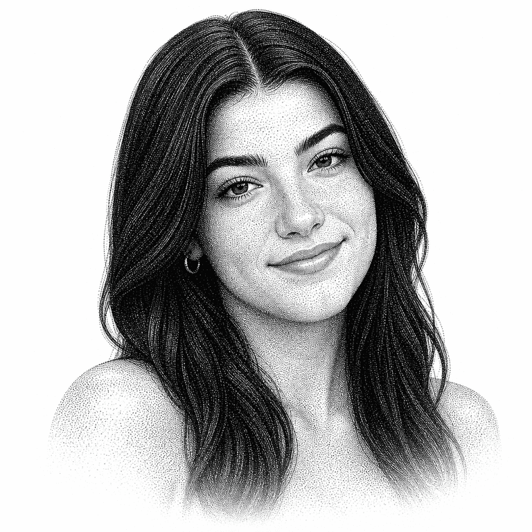 Black and white stipple portrait of Charli D'Amelio.
