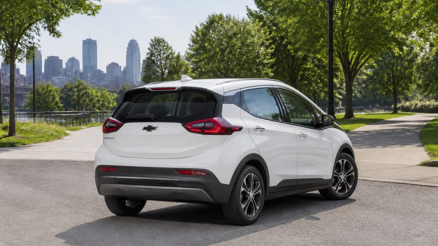 A Chevrolet Bolt EUV parked outdoors, three-quarter front view.