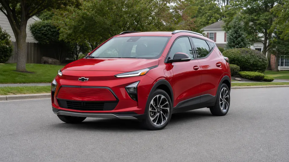 A Chevrolet Bolt EUV electric crossover, three-quarter front view, parked outdoors.