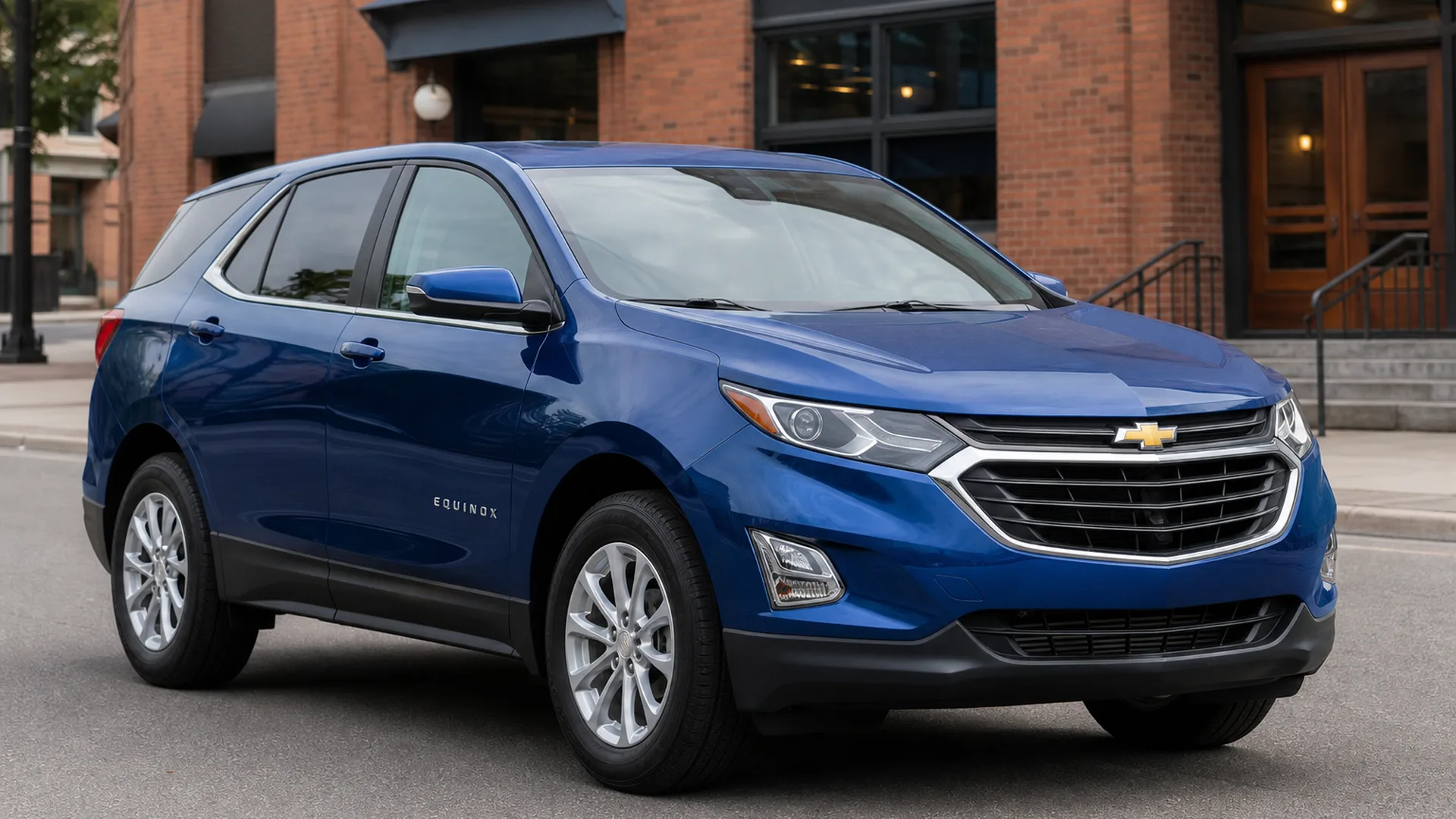 A blue Chevrolet Equinox crossover parked on a street.