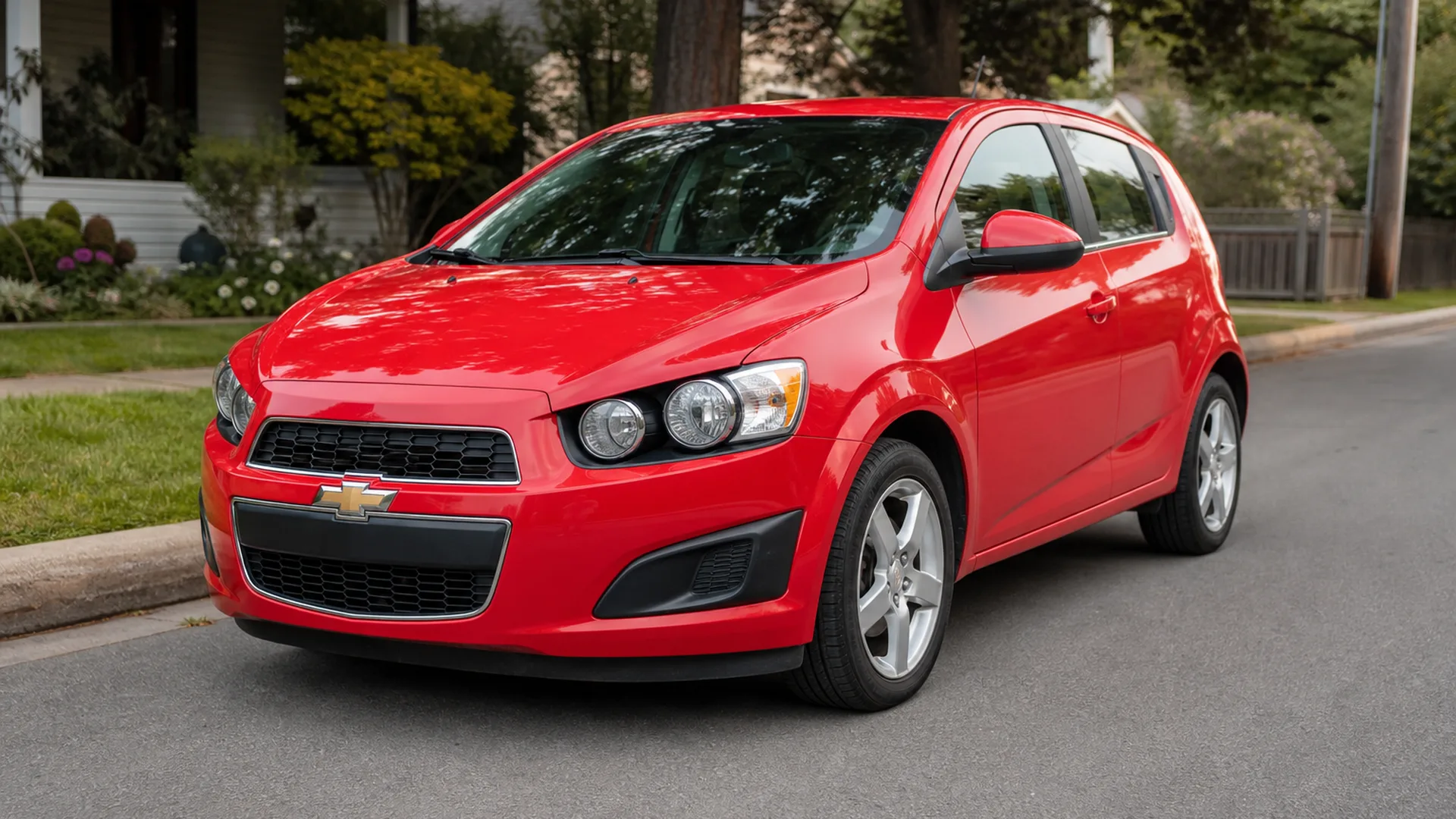 A red Chevrolet Sonic hatchback parked on a residential street.