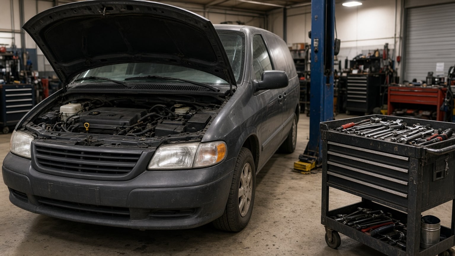 An older minivan with its hood open in a repair shop.