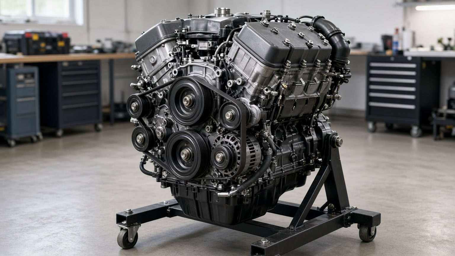 A V6 gasoline engine on an engine stand in a clean workshop.