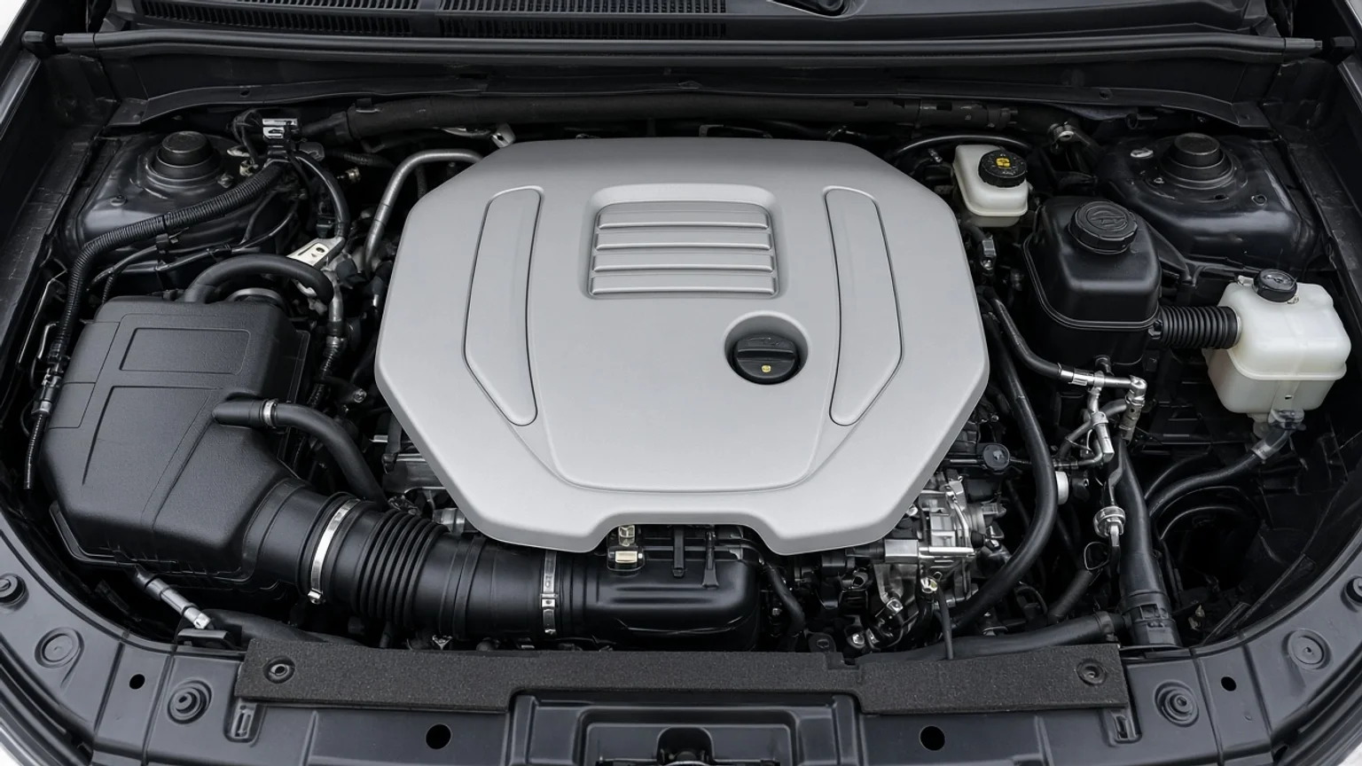 A modern V6 gasoline engine in the engine bay of a minivan, viewed from above.