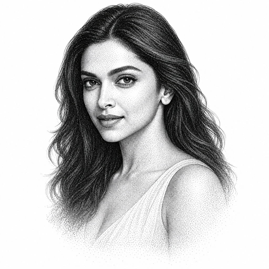 Black and white stipple portrait of Deepika Padukone.