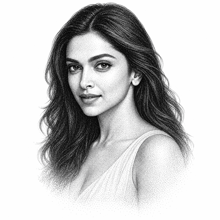 Black and white stipple portrait of Deepika Padukone.