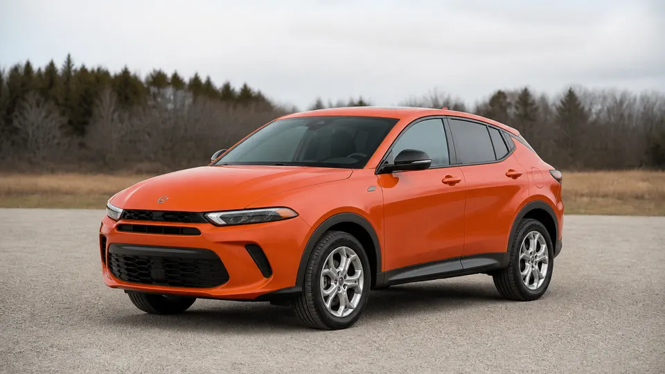 A Dodge Hornet crossover, three-quarter front view, parked outdoors.
