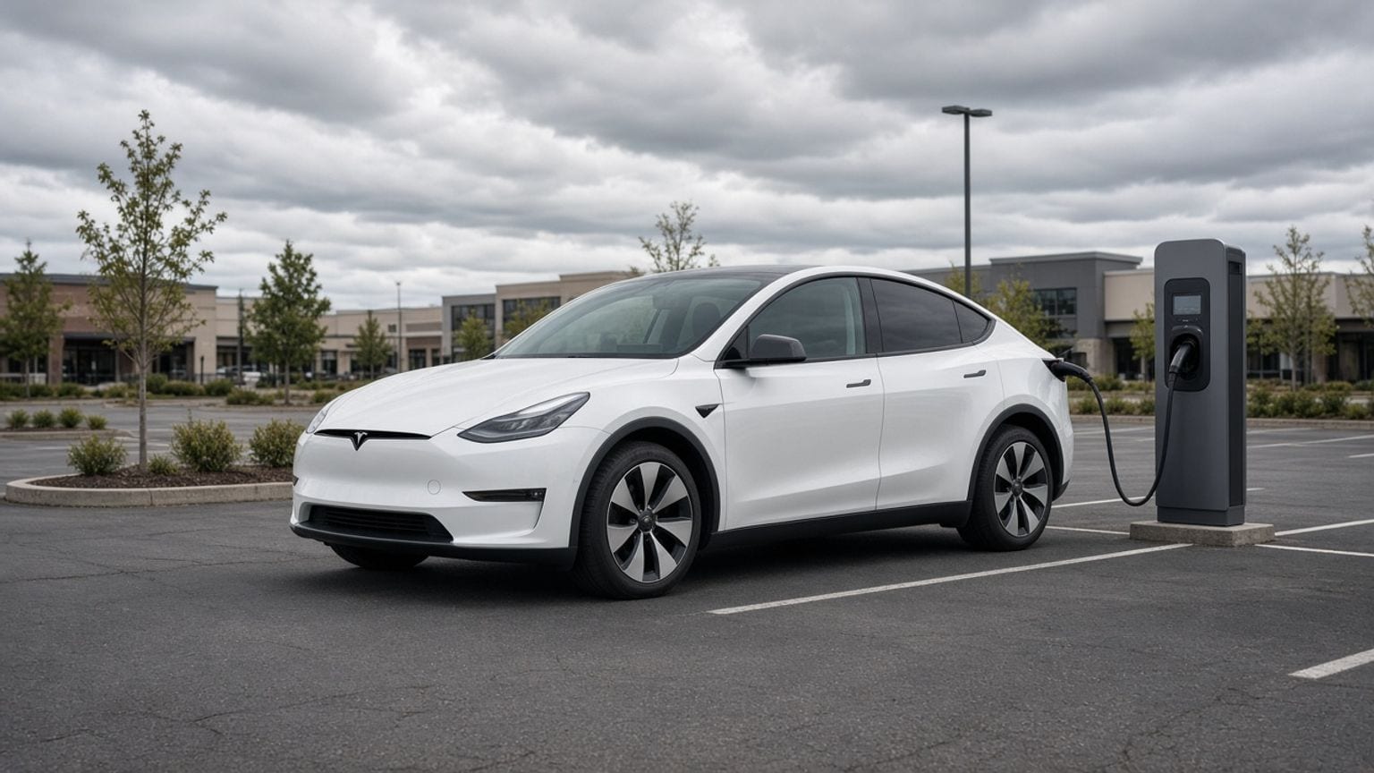 White electric crossover SUV charging at a public station on an overcast day, with generous space around the vehicle.