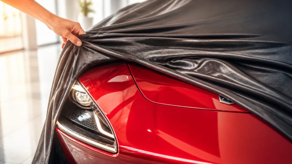 Close-up of a red sports car mid-reveal as a black cover is pulled back
