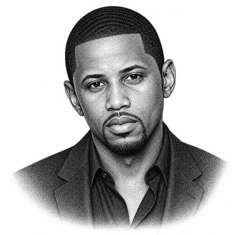 Black and white stipple portrait of Fabolous.
