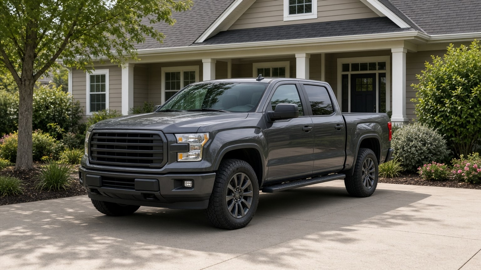 A later-model pickup truck parked in front of a house.