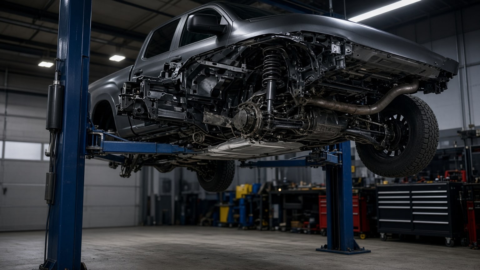 A pickup truck raised on a lift in a repair shop.
