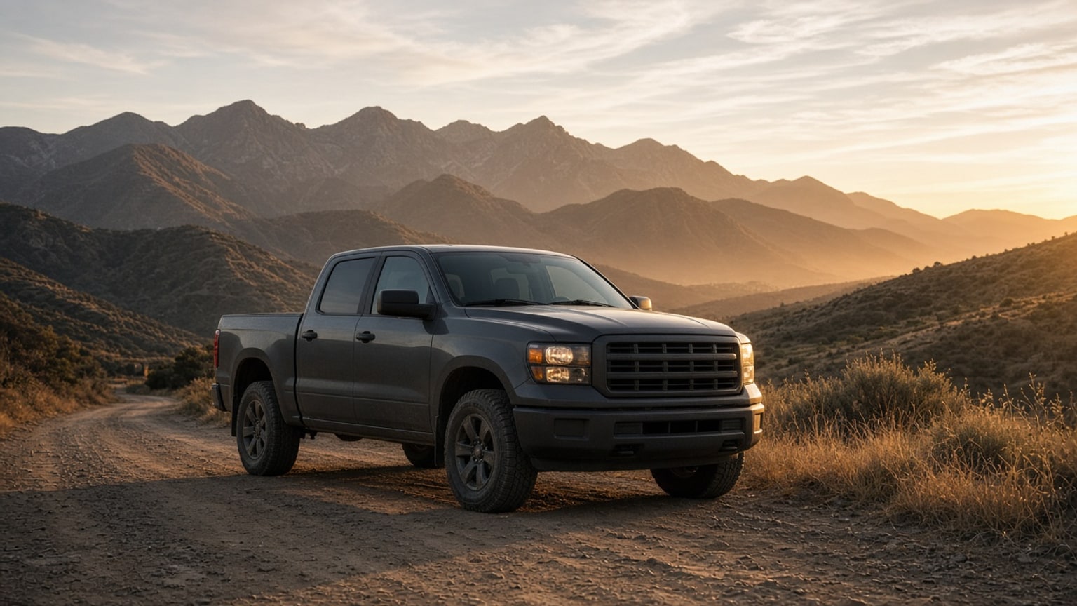 A pickup truck parked on a dirt road with mountains behind it.