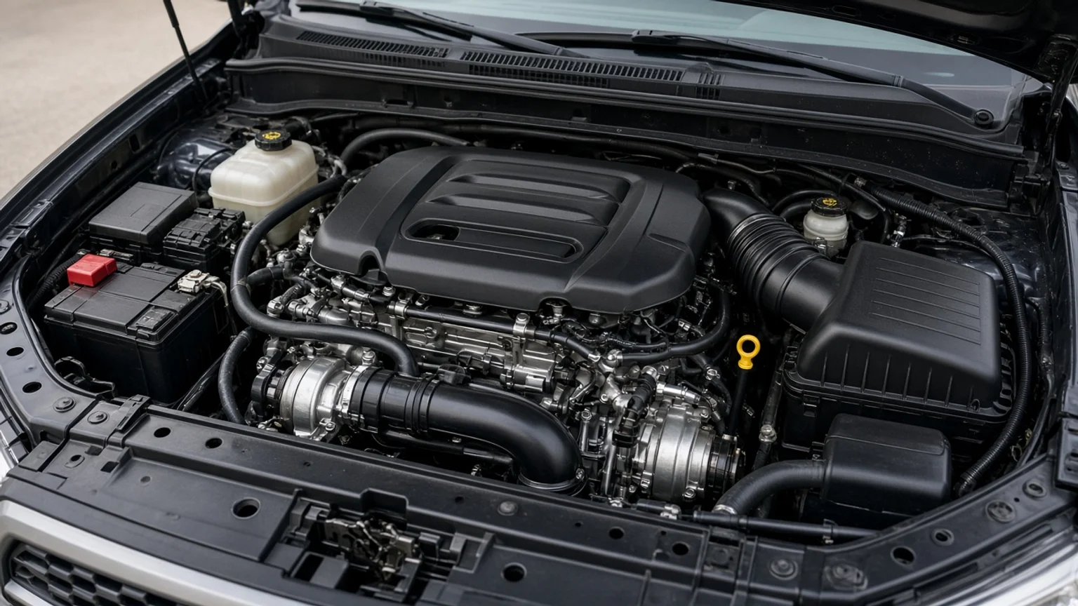 A compact twin-turbocharged V6 gasoline engine in the engine bay of a pickup truck.