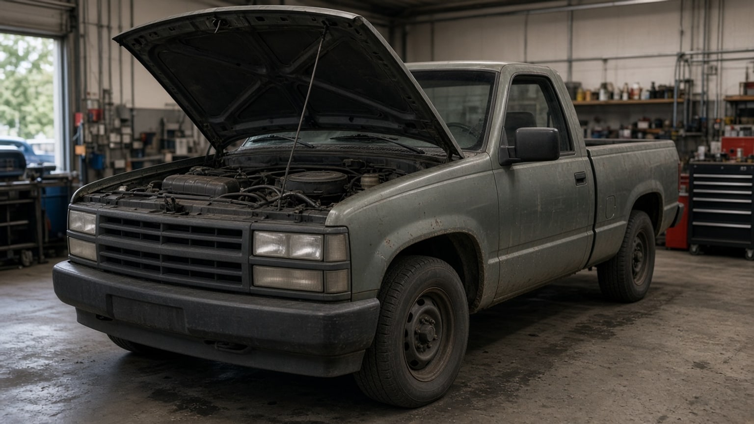 An older full-size pickup truck with its hood open in a repair shop.