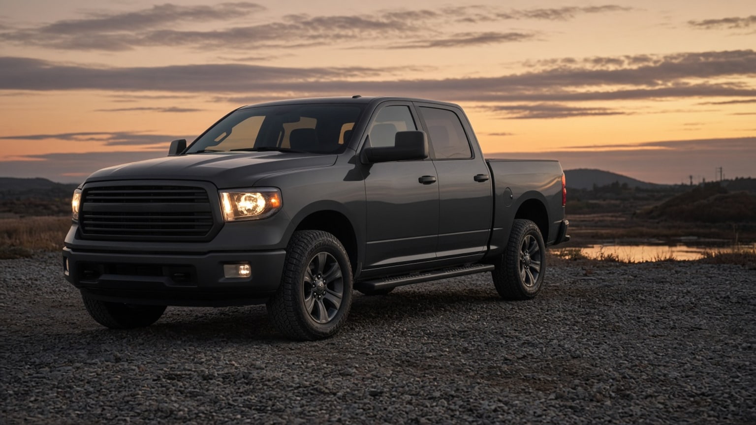A full-size pickup truck parked on a gravel lot at dusk.