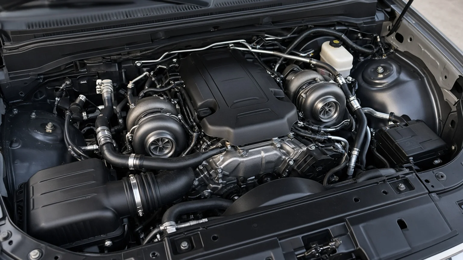 A twin-turbocharged V6 gasoline engine in the engine bay of a full-size pickup truck.