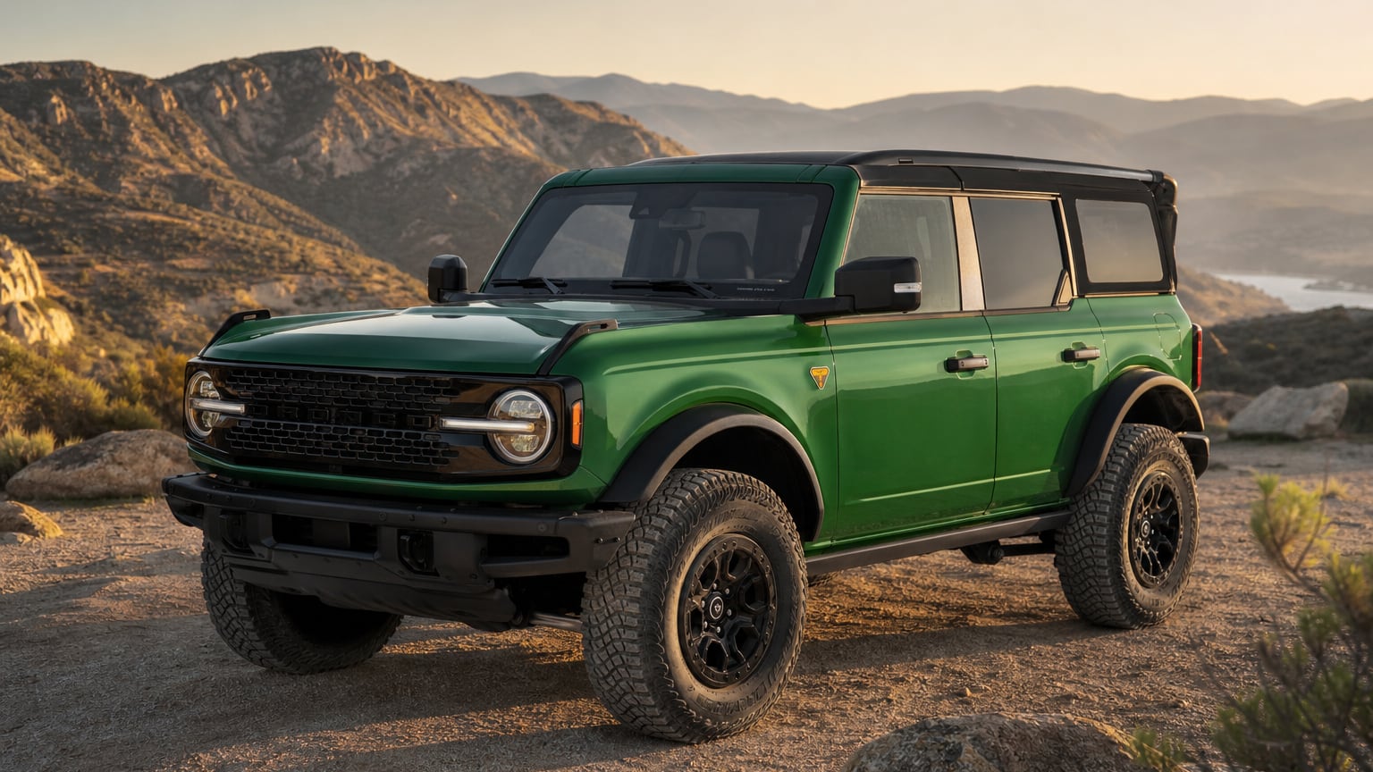 A green late sixth-generation Ford Bronco four-door parked at a scenic overlook.