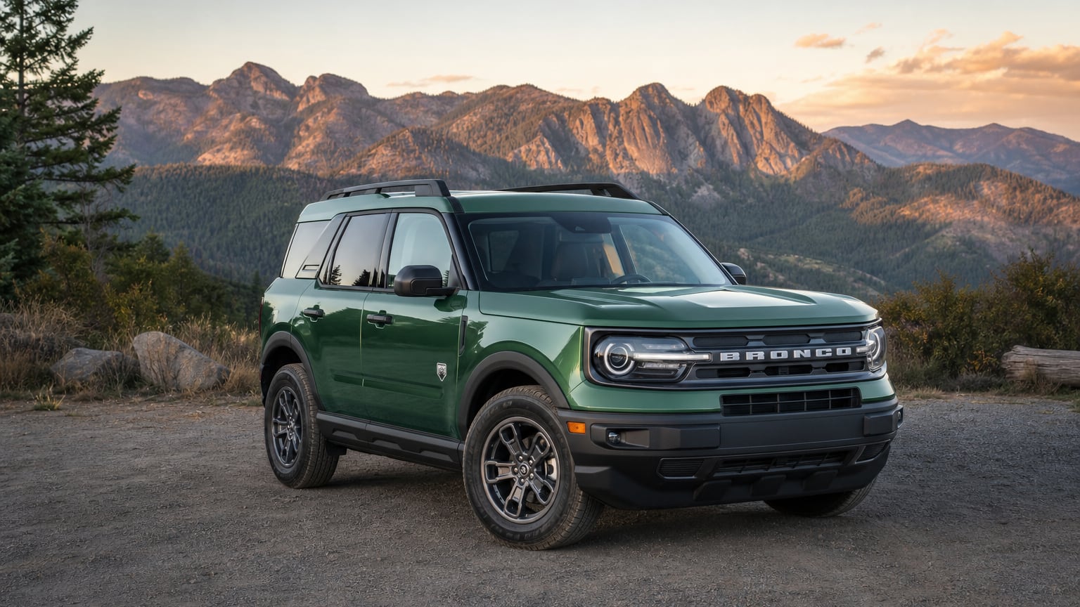 A green 2025 Ford Bronco Sport compact SUV parked at a scenic overlook.