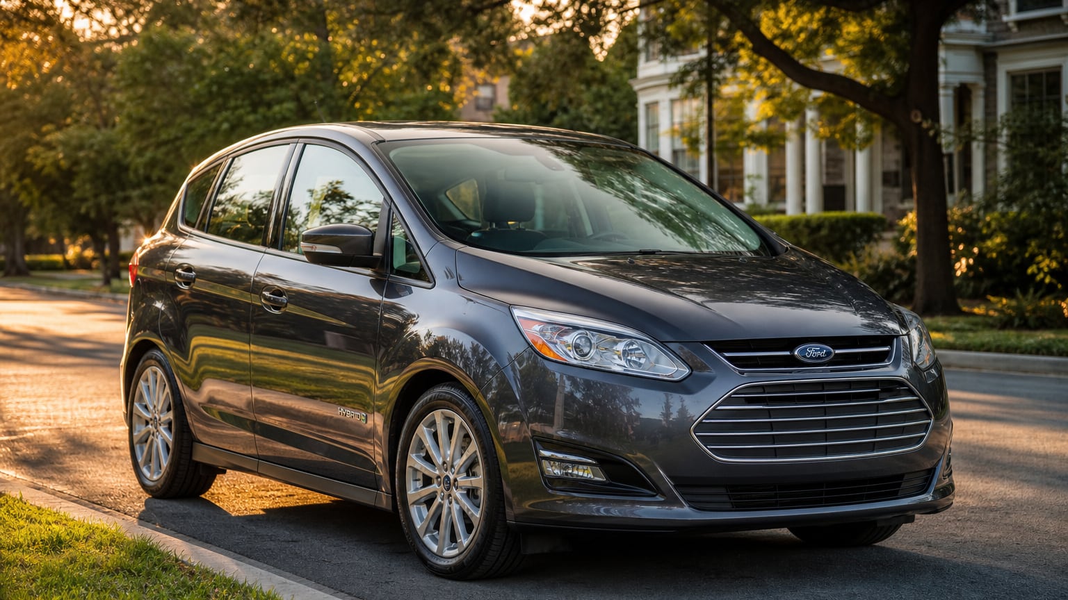 A white 2018 Ford C-Max Hybrid hatchback parked on a tree-lined residential street.