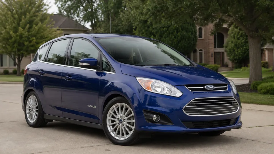 A blue Ford C-Max Hybrid compact hatchback parked in a suburban driveway.