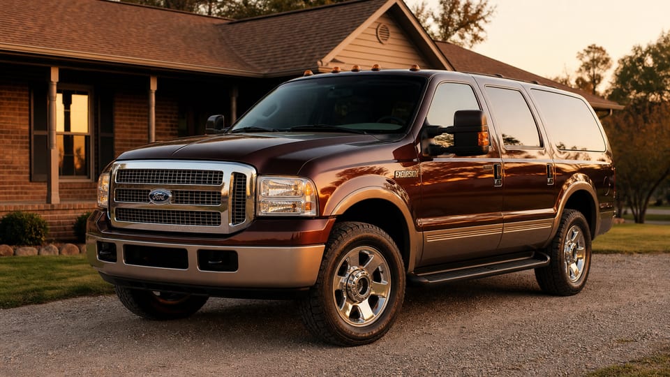 A black 2005 Ford Excursion Limited SUV parked outside a home.