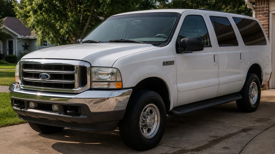 A white 2000 Ford Excursion SUV parked in a suburban driveway.