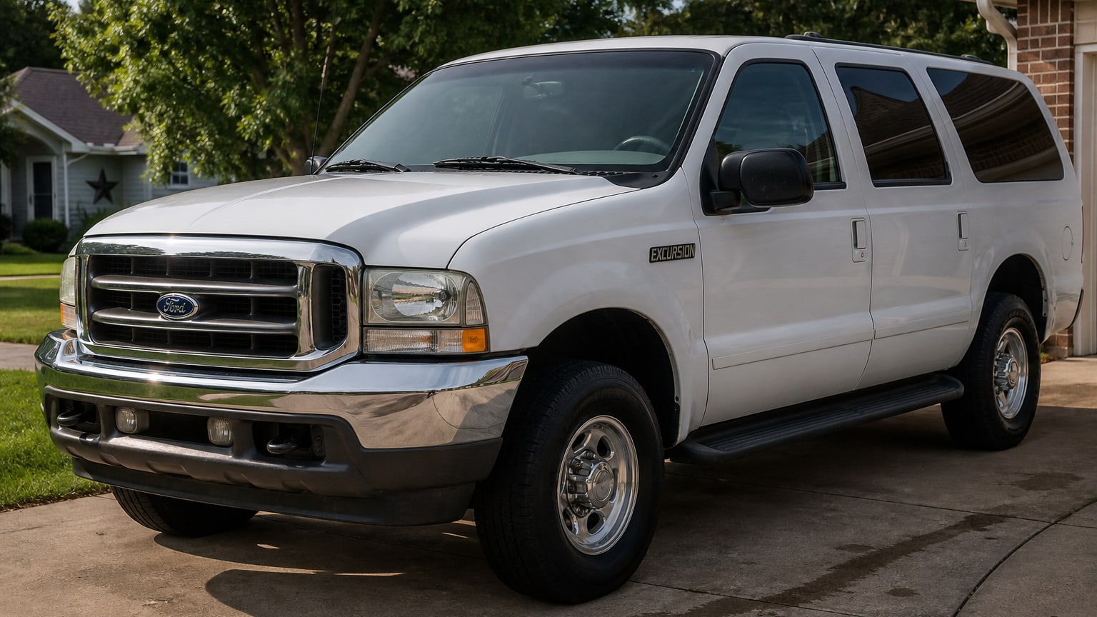 A white 2000 Ford Excursion SUV parked in a suburban driveway.