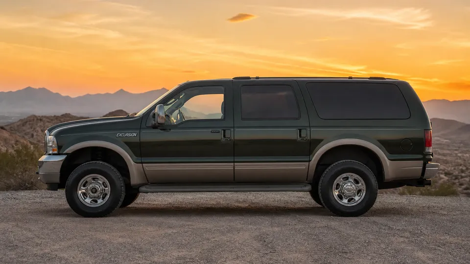 A dark green mid-2000s Ford Excursion SUV parked at a trailhead.