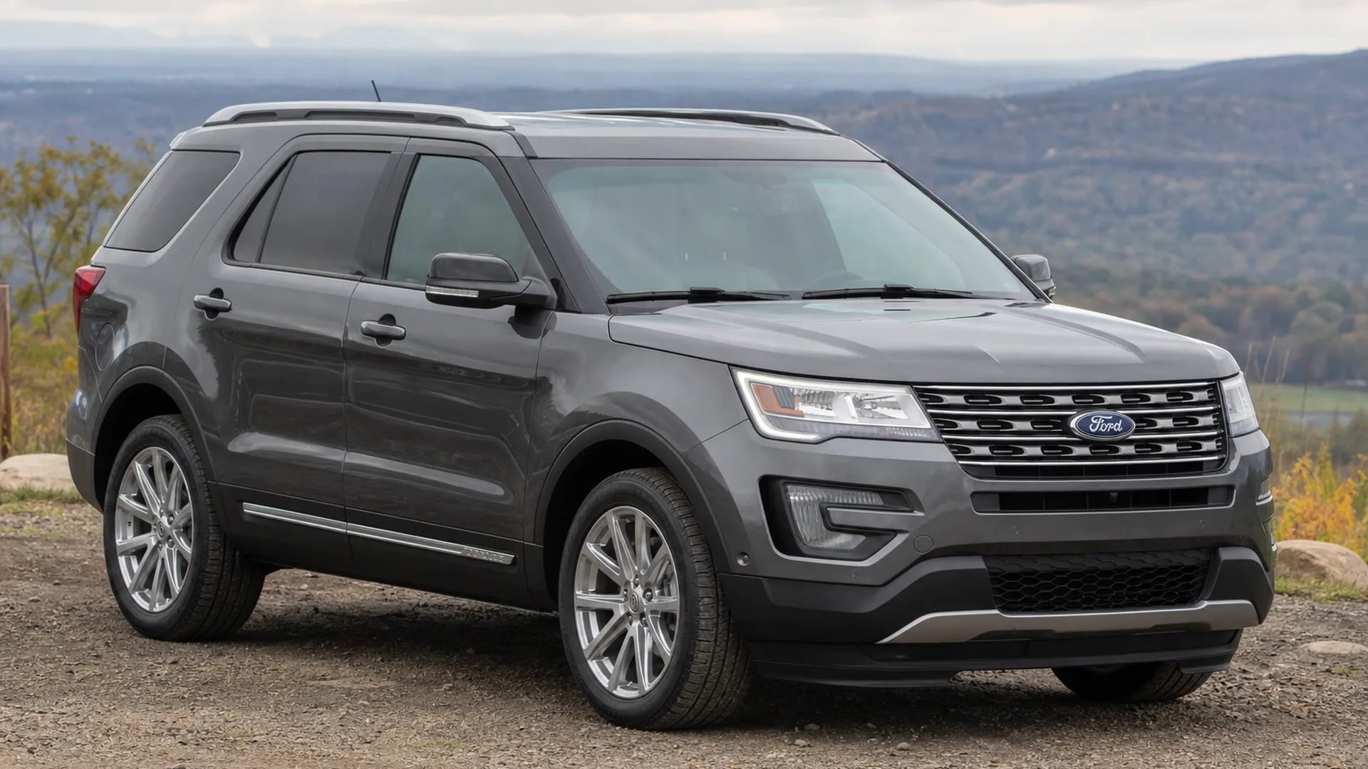 A grey Ford Explorer SUV parked outdoors.