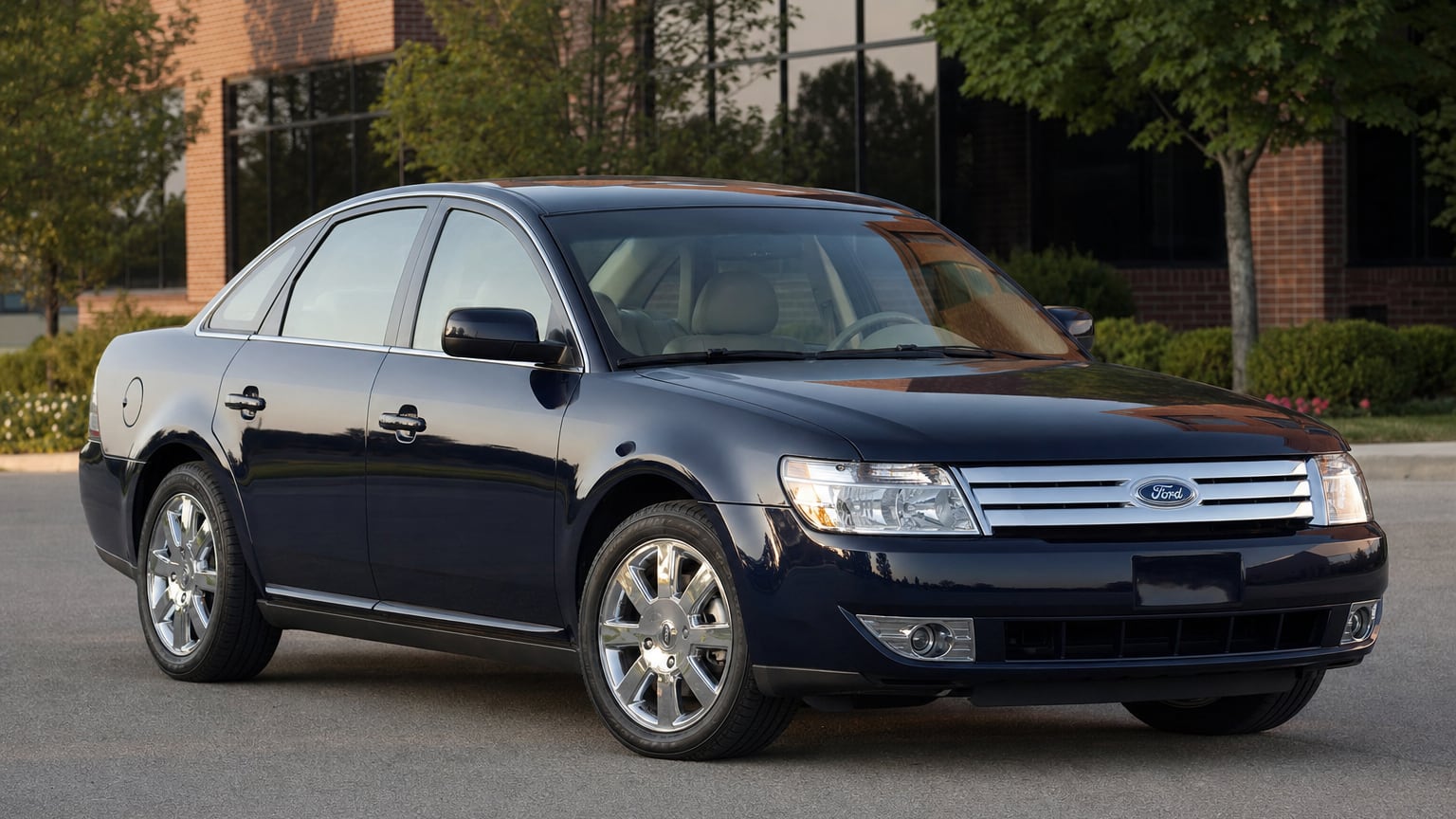 A dark blue 2007 Ford Five Hundred Limited sedan parked outside an office building.