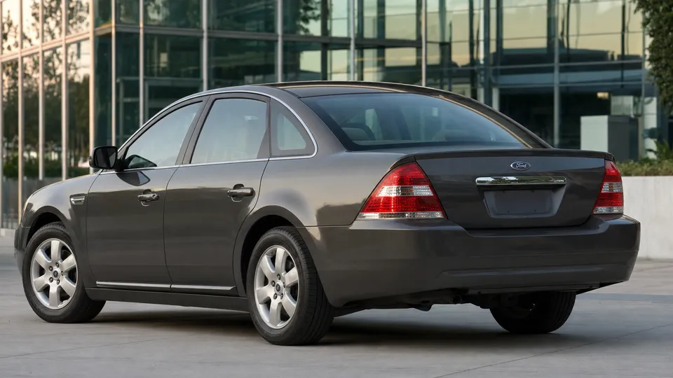 A dark gray Ford Five Hundred full-size sedan, rear three-quarter view, outside an office building.
