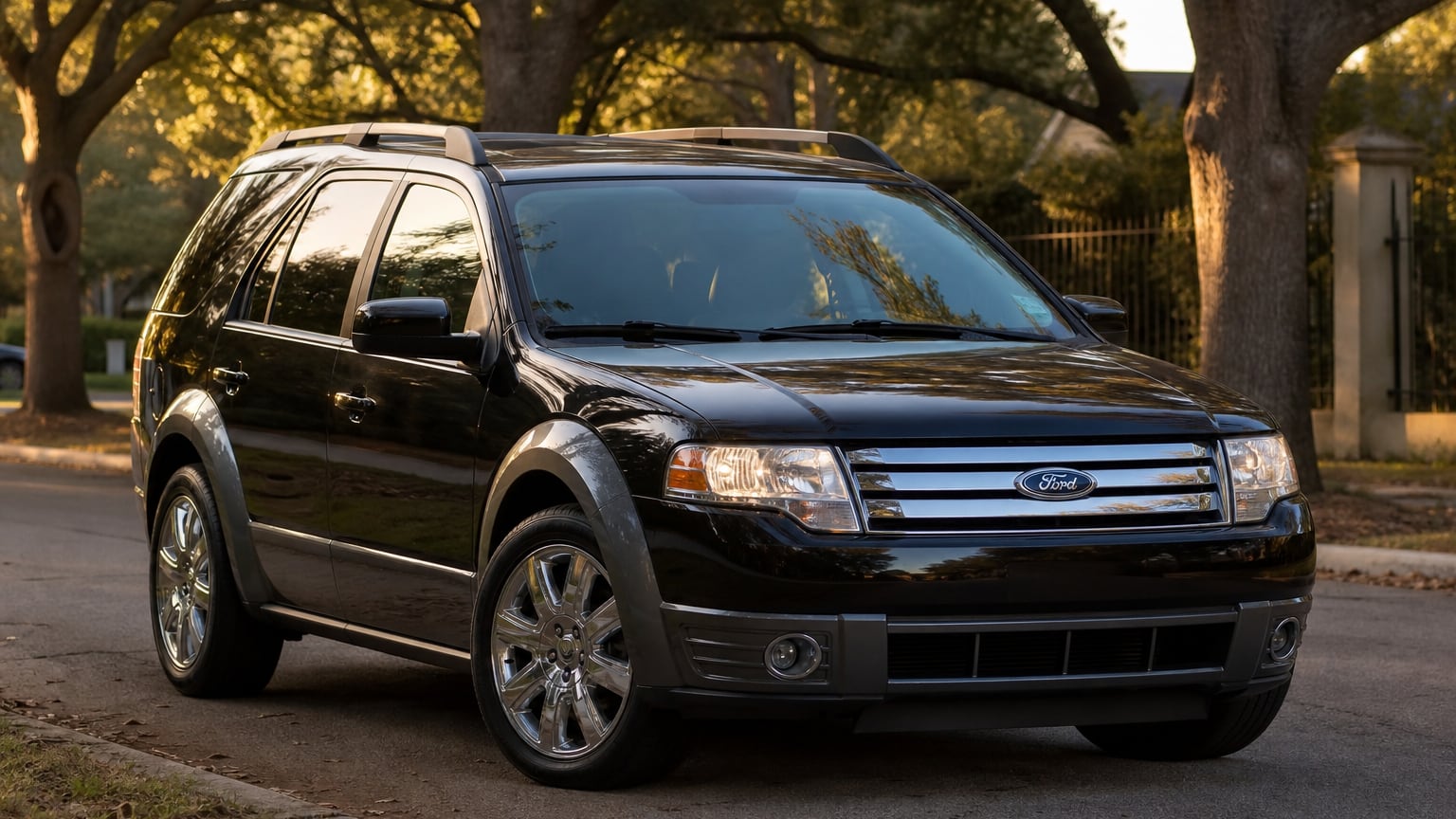 A dark blue 2007 Ford Freestyle Limited crossover parked on a tree-lined street.