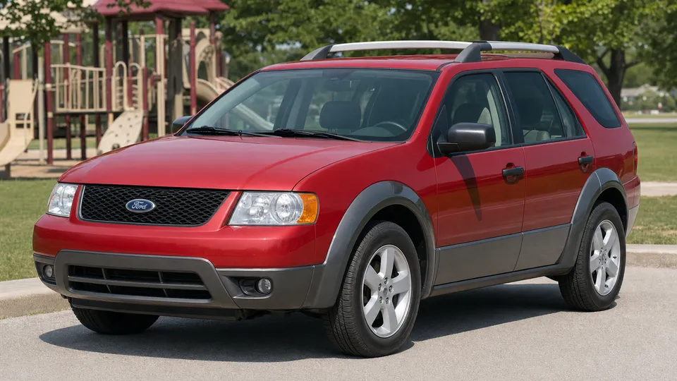 A red Ford Freestyle three-row crossover parked at a park lot.