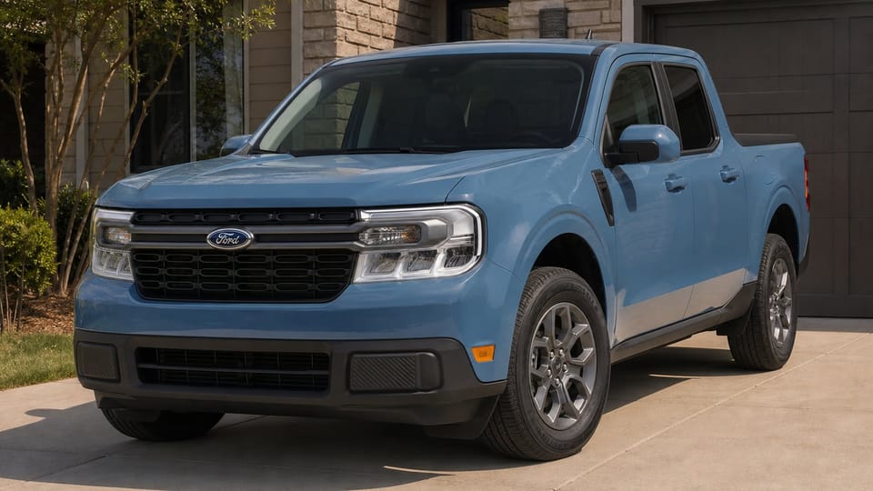 An early 2022 Ford Maverick compact pickup truck parked in a residential driveway.