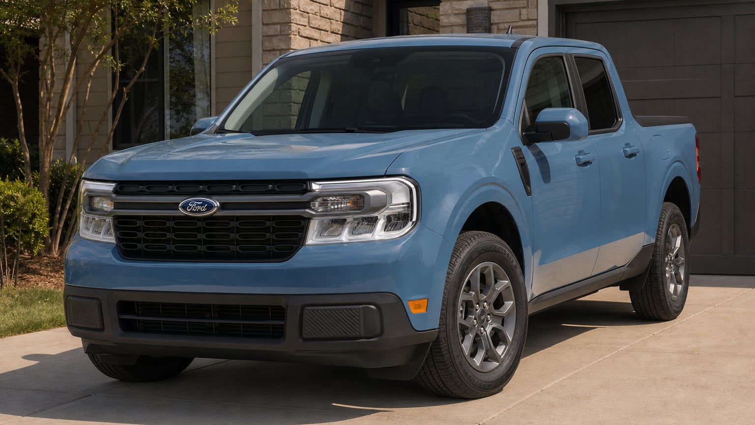 An early 2022 Ford Maverick compact pickup truck parked in a residential driveway.